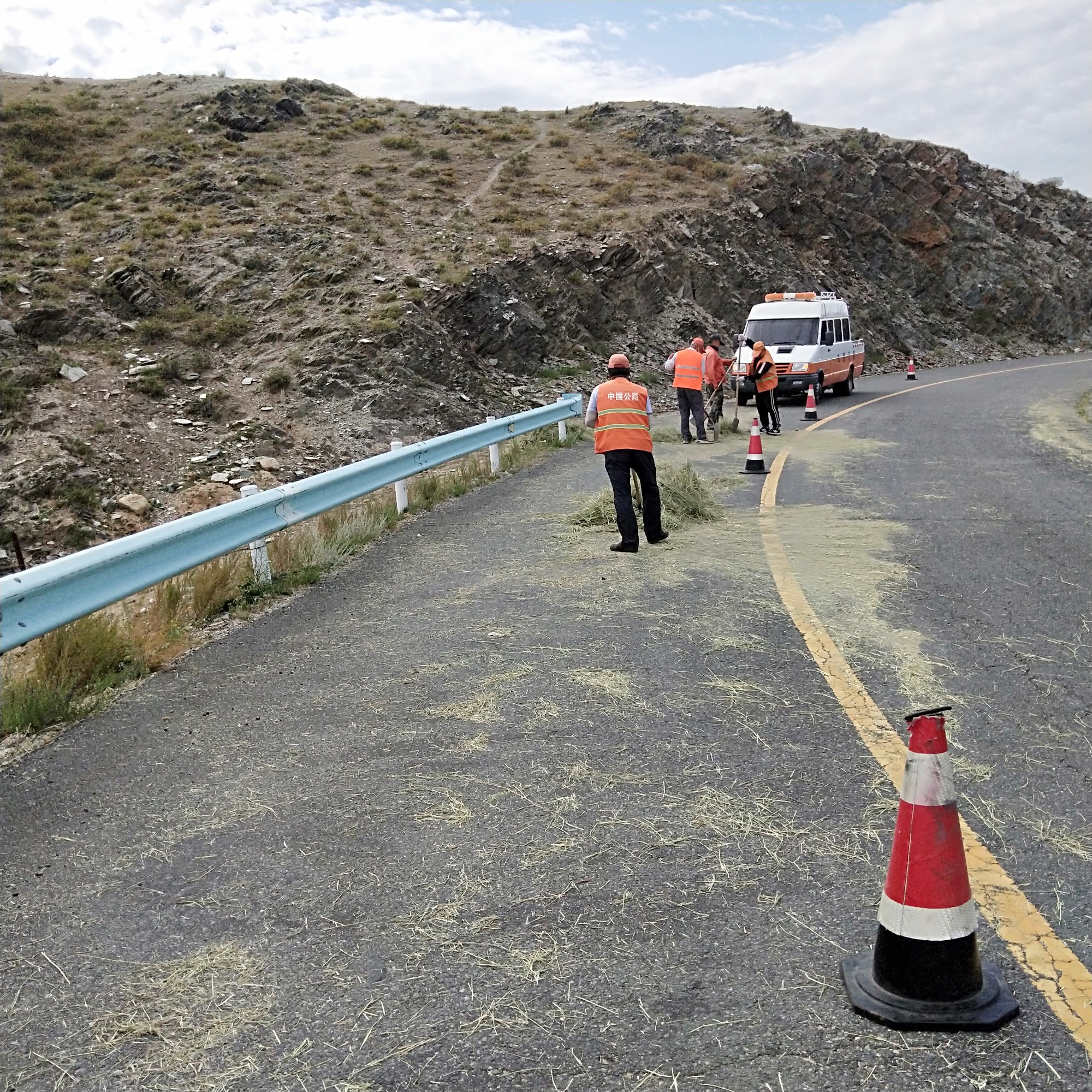 哈巴河分局职工清理G219线山区路段路面干草中 图：许立全.jpg